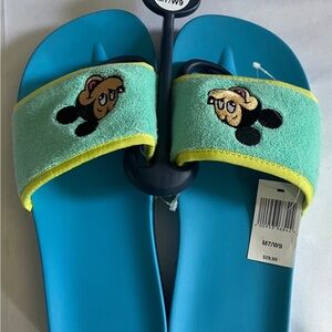 New Mickey Mouse Slide Sandals Terry Cloth Blue Green W-9 M-7